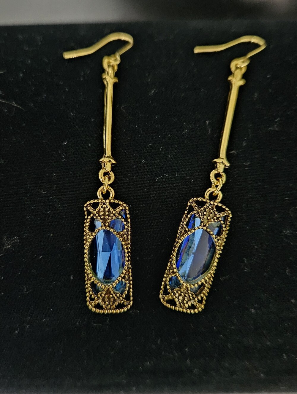 Gold-Tone Drop Earrings with Blue Faceted Stones